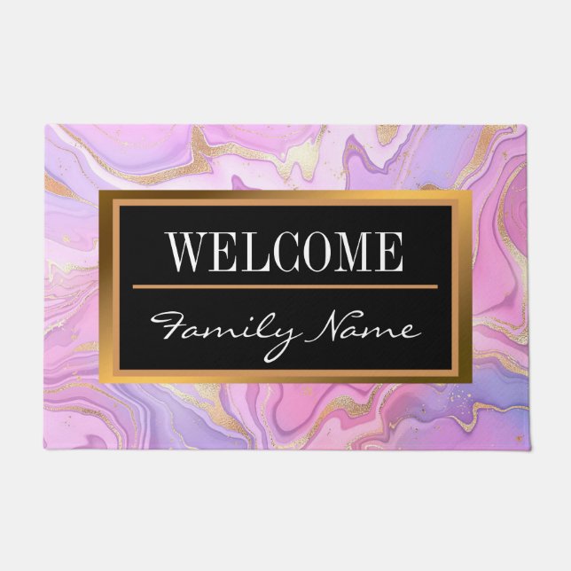 Felpudo Purpurina de mármol de lujo Pink Purple Gold (Anverso)