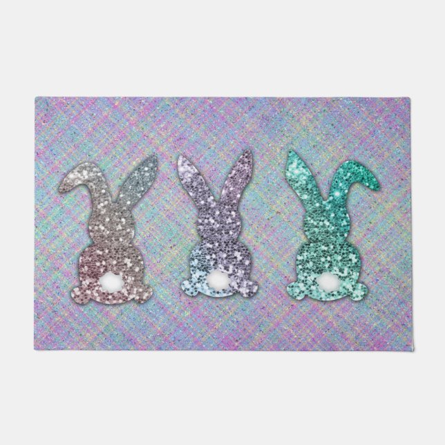 Felpudo Purpurina De Pascua Pastel Glam Bunnies En Plaid (Anverso)