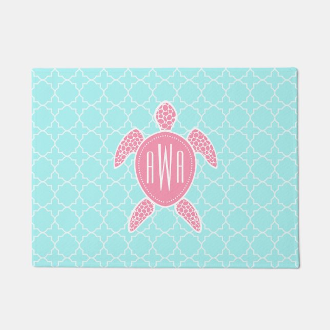 Felpudo Quatrefoil azul + Doormat rosado del monograma de (Anverso)