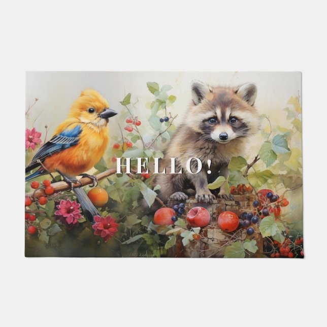 Felpudo Raccoon Yellow Finch Woodland Vines Apple (Anverso)