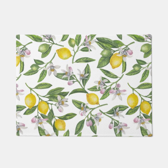 Felpudo Ramas de limón con flores y fruta en blanco (Anverso)