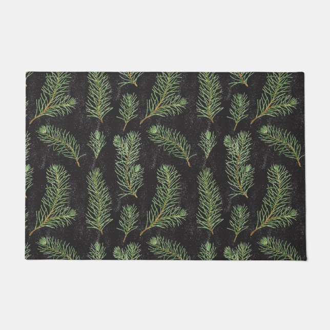 Felpudo Ramas de pino acuarela sobre fondo negro. (Anverso)