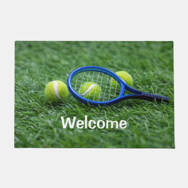 Felpudo Raqueta de tenis con bola de césped verde (Anverso)