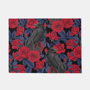 Felpudo Ravens y rosas con hojas azul oscuro