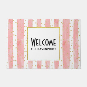 Felpudo Rayas Rubor rosadas Faux Gold Confetti Welcome
