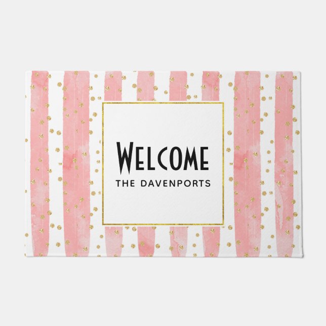Felpudo Rayas Rubor rosadas | Faux Gold Confetti Welcome (Anverso)
