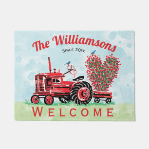 Felpudo Recepción floral del corazón del tractor rojo