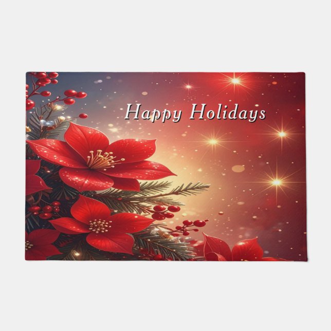 Felpudo Red Christmas Floral Holiday Doormat (Anverso)
