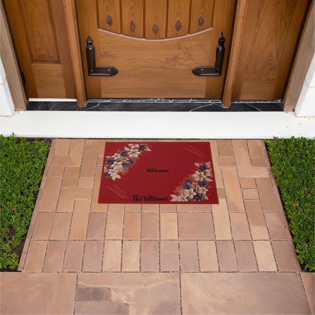 Felpudo -Red Floral Geometric Welcome Mat (Exterior)