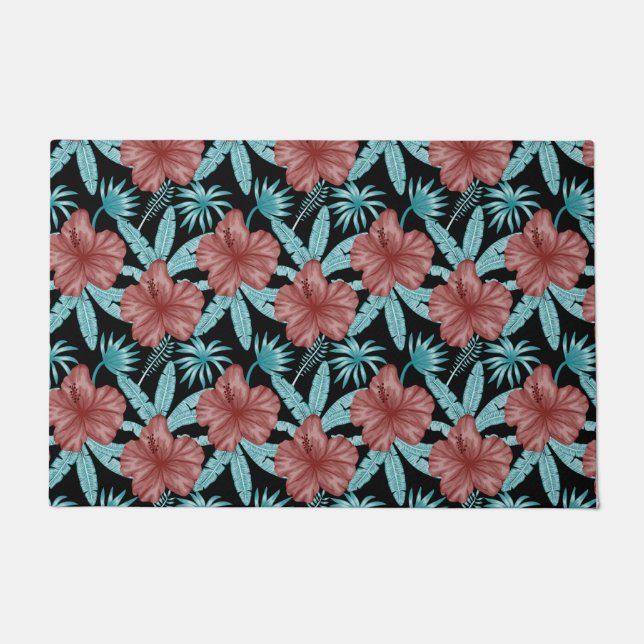 Felpudo Red flowers tropical seamless pattern &blue leaves (Anverso)