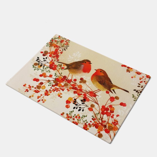 Felpudo Red Gold Winter Birds Holly Berry Branches (Angular)