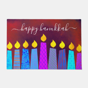 Felpudo Red Happy Hanukkah Script Boho Candles Bold Modern