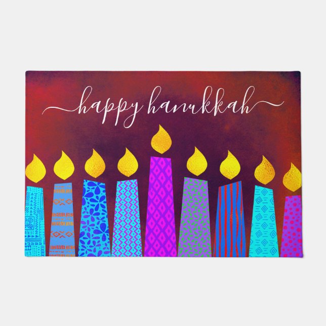 Felpudo Red Happy Hanukkah Script Boho Candles Bold Modern (Anverso)