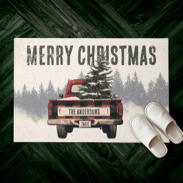 Felpudo Red Plaid Merry Christmas Truck Personalizado Nomb