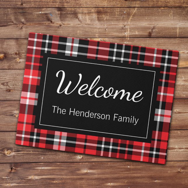 Felpudo Red Plaid Welcome Monogramed Family Name Doorma (Subido por el creador)