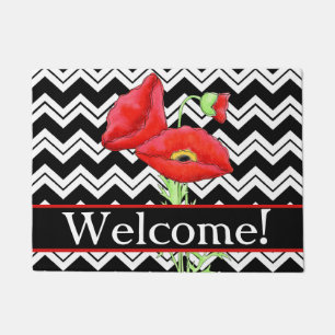 Felpudo Red Poppy Bienvenida Negro Chevron Blanco ZigZag