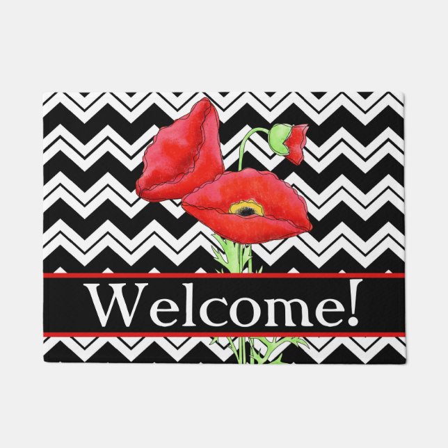 Felpudo Red Poppy Bienvenida Negro Chevron Blanco ZigZag (Anverso)
