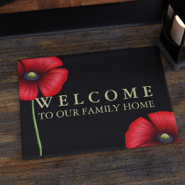 Felpudo Red Poppy Floral Family Name Black Doormat
