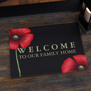 Felpudo Red Poppy Floral Family Name Black Doormat