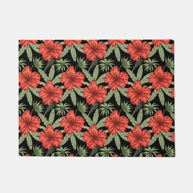 Felpudo Red tropical flowers seamless pattern green leaves (Anverso)