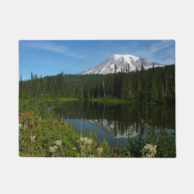 Felpudo Reflejo del lago del Monte Rainier con flores silv (Anverso)