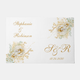 Felpudo Regalo Boda con logotipo de monograma floral dorad