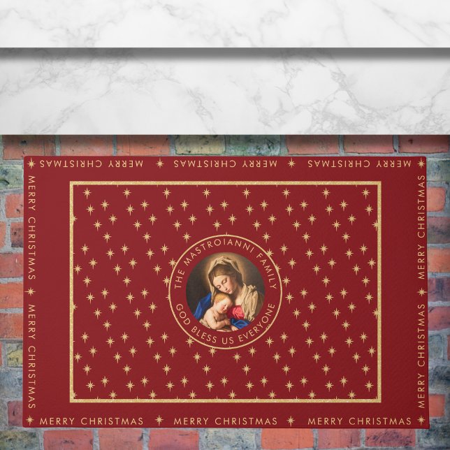 Felpudo Regalo de Navidades religiosos católicos madoneses (Religious Christmas doormat with Madonna and Child in red and gold for Catholics/Christians.)