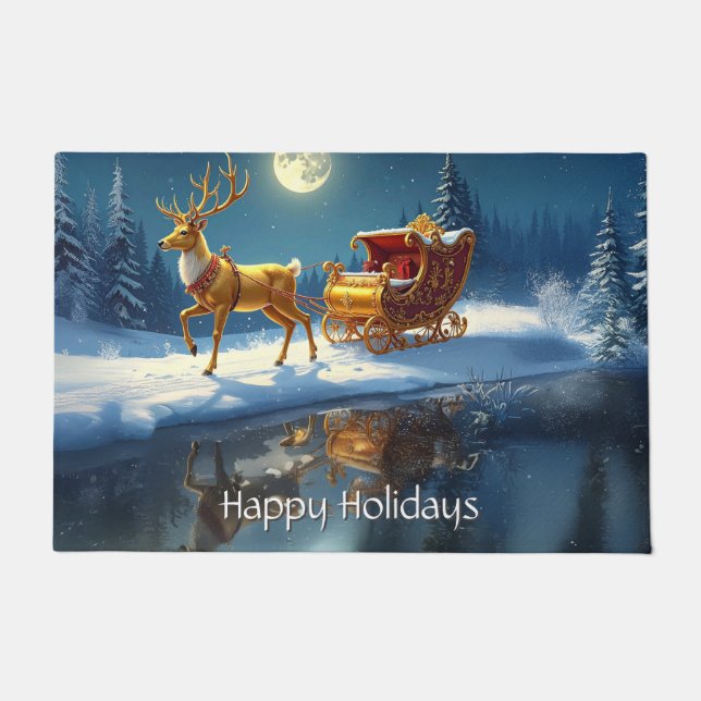 Felpudo Reindeer Christmas Sleigh Holiday Doormat (Anverso)
