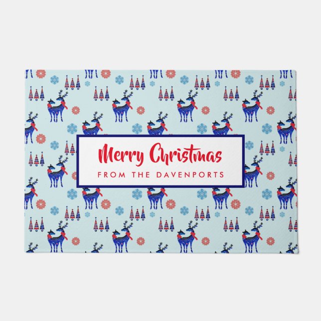 Felpudo Renos, árboles de Navidad y patrones de copos de n (Anverso)