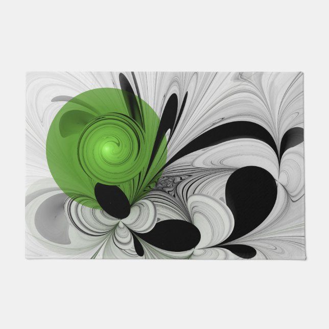 Felpudo Resumen en blanco y negro con arte fractal verde (Anverso)