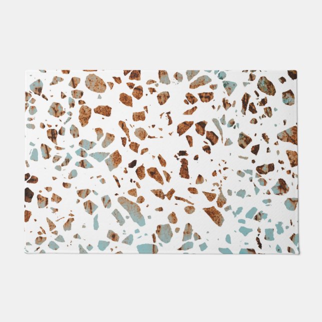 Felpudo Resumen Terrazzo Mosaic Rust Brown & Blue Pattern (Anverso)