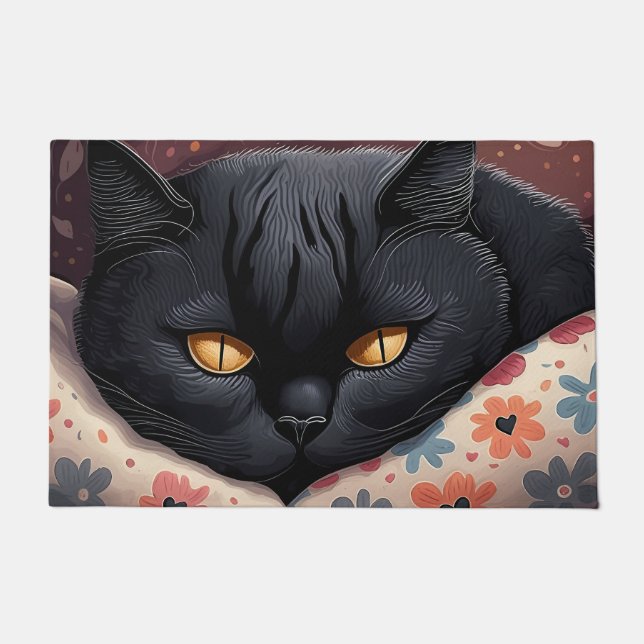 Felpudo Retrato de gato negro tendido (Anverso)