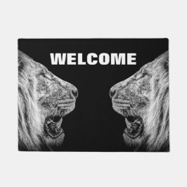 Felpudo Retratos de leones en bienvenida negra