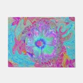Felpudo Retro Arcoíris Psicodélico Flor de Hibisco Azul