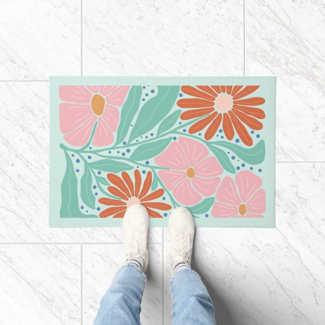 Felpudo Retro Boho Chic Flowers Mint  (Interior)
