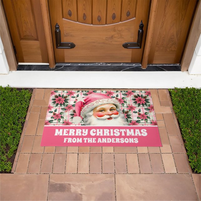 Felpudo Retro Rosa Santa Claus Navidades Floral Plaid (Exterior)