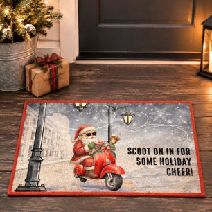 Felpudo Retro Santa en Moto Scooter Fiesta de Navidad