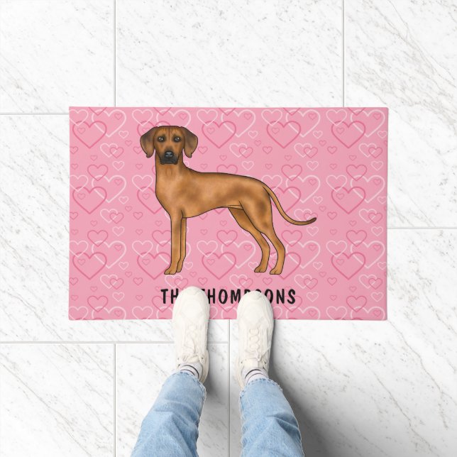Felpudo Ridgeback Perro Rhodés En Corazón Rosa Con Nombre (Interior)