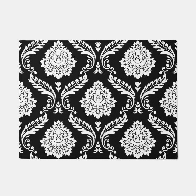 Felpudo Rococo Damask Patrón Grande Blanco sobre Negro (Anverso)
