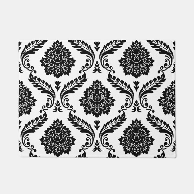 Felpudo Rococo Damask Patrón Grande Negro sobre Blanco (Anverso)