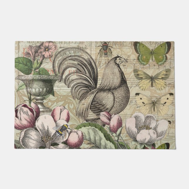 Felpudo Rooster Garden Flower Butfly Art (Anverso)