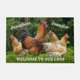 Felpudo Rooster rojo y gallinas "Bienvenidos a nuestra coo