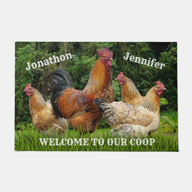 Felpudo Rooster rojo y gallinas "Bienvenidos a nuestra coo (Anverso)