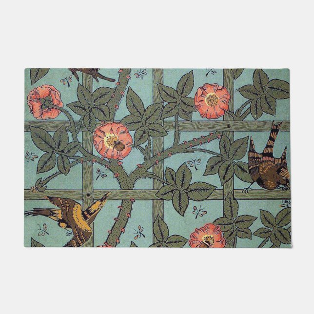 Felpudo Rosa escalante y pájaro pequeño, William Morris (Anverso)