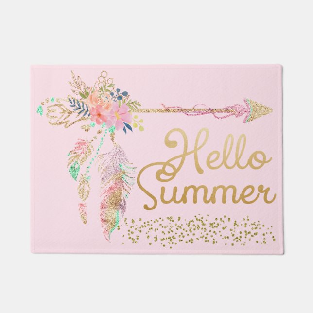Felpudo Rosa Rubor Dorado Brillo Boho Pluma Hola Verano (Anverso)