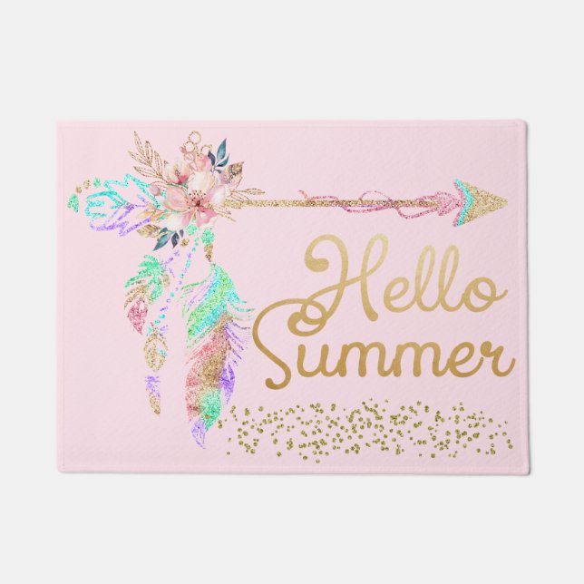 Felpudo Rosa Rubor Oro Brillo Boho Pluma Hola Verano (Anverso)