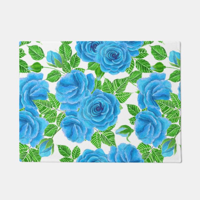 Felpudo Rosas azules acuarela patrón transparente (Anverso)
