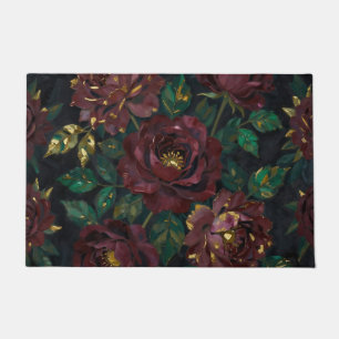 Felpudo Rosas Burgundy de Lujo con Hojas de Oro Floral