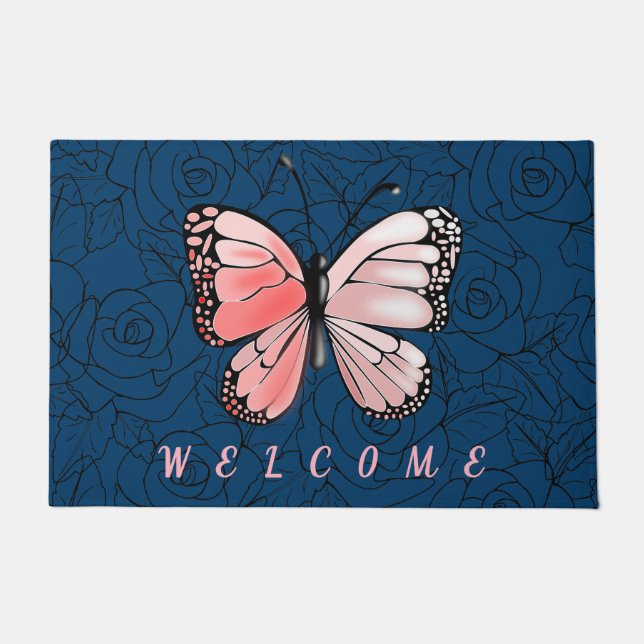 Felpudo Rosas de mariposas rosadas Doormat - Bienvenidos (Anverso)