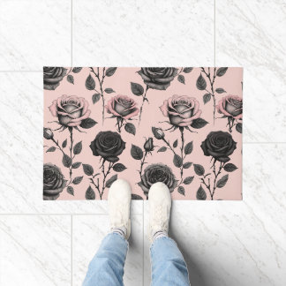 Felpudo Rosas Dibujadas a Mano en Negro Sobre un Fondo Ros